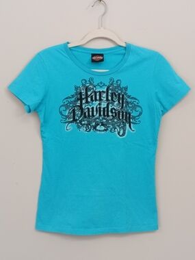 Harley-Davidson Motorcycle Y2K Teal Biker Fitted Graphic Tee Grunge M